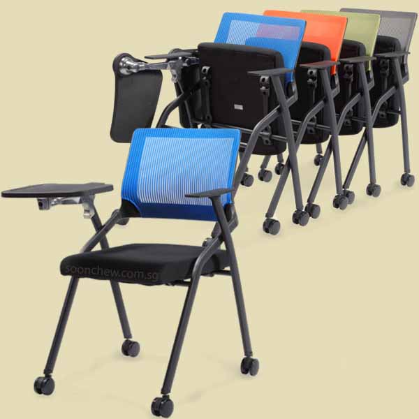 Seminar training chair with castor wheels and writing tablet